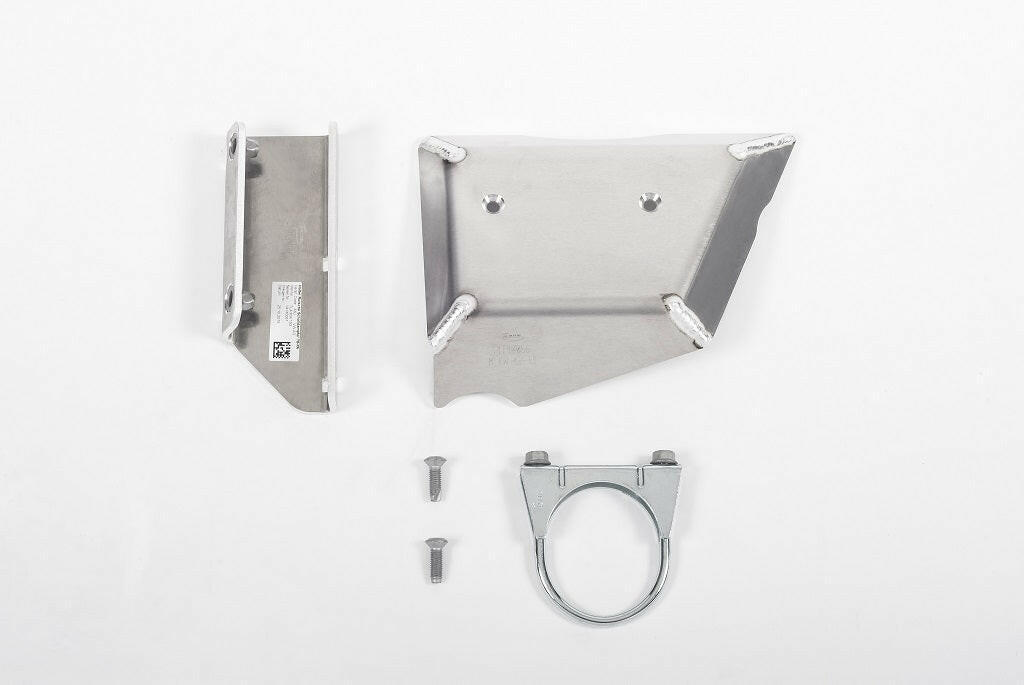 Two metal brackets and a clamp with screws on a white background