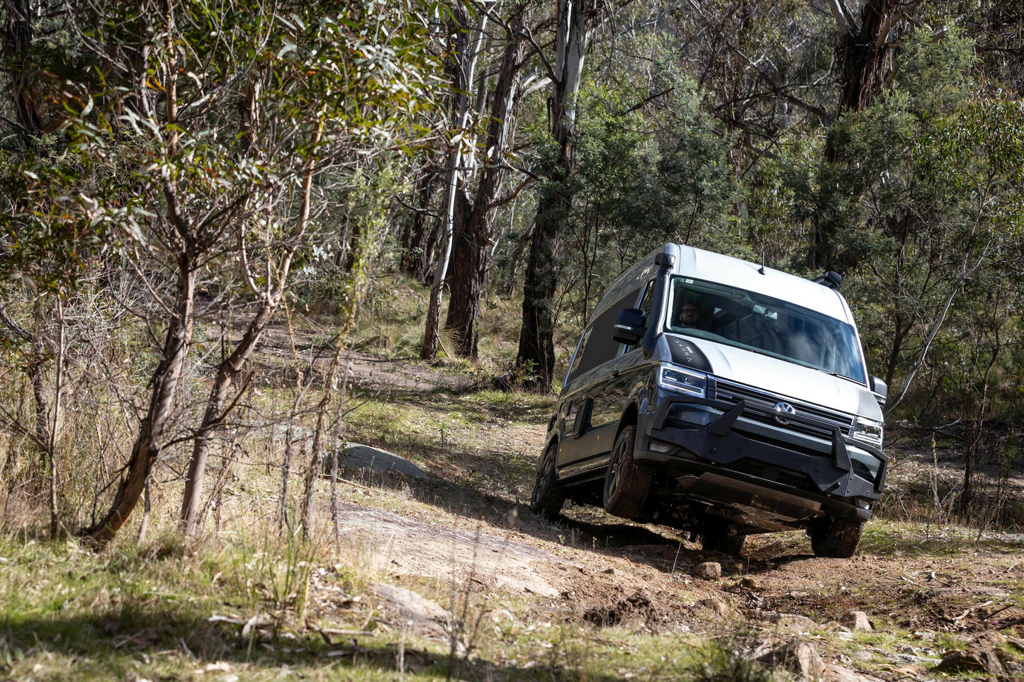 Van driving on a rugged forest trail