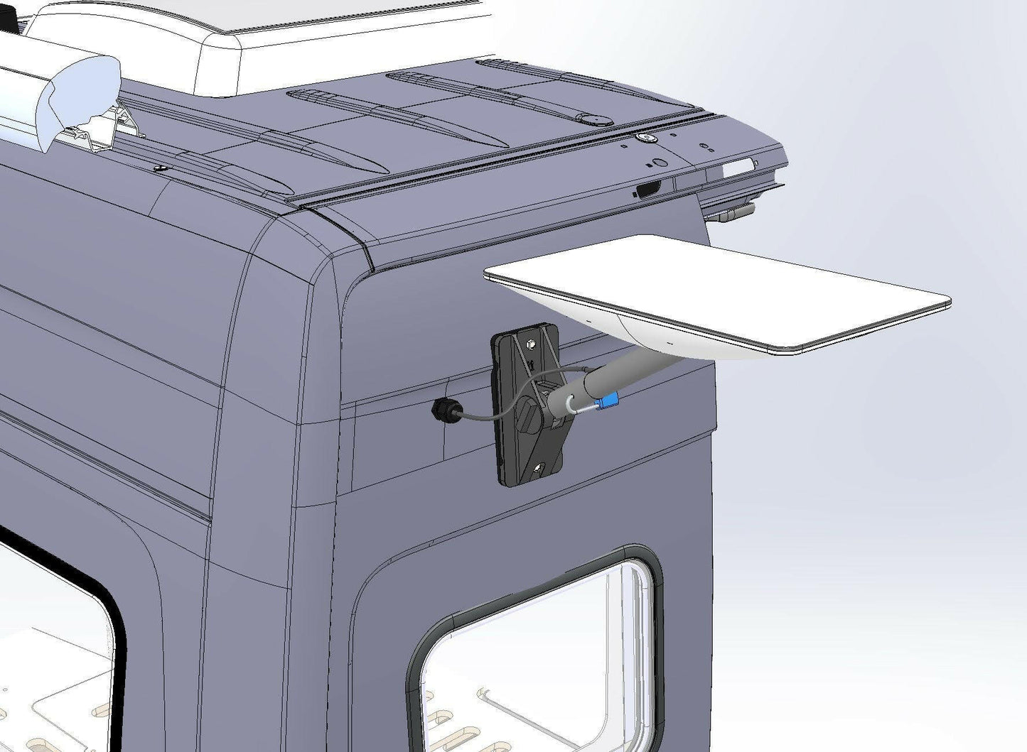 An illustration of a foldable table mounted on the side of a truck cabin
