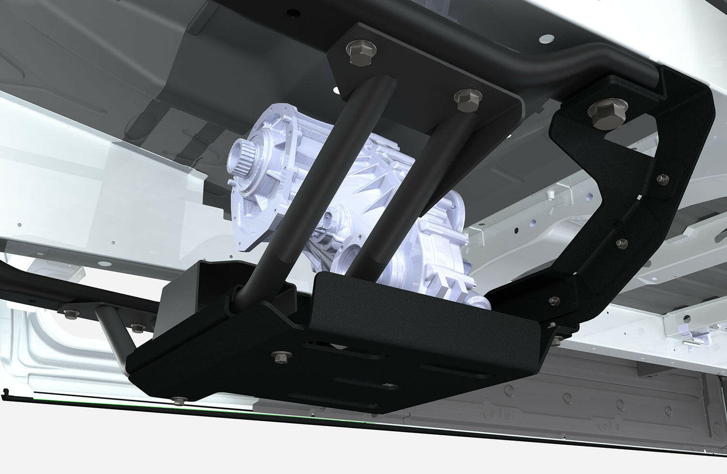 3D rendering of an electric vehicle's undercarriage highlighting the motor and suspension system
