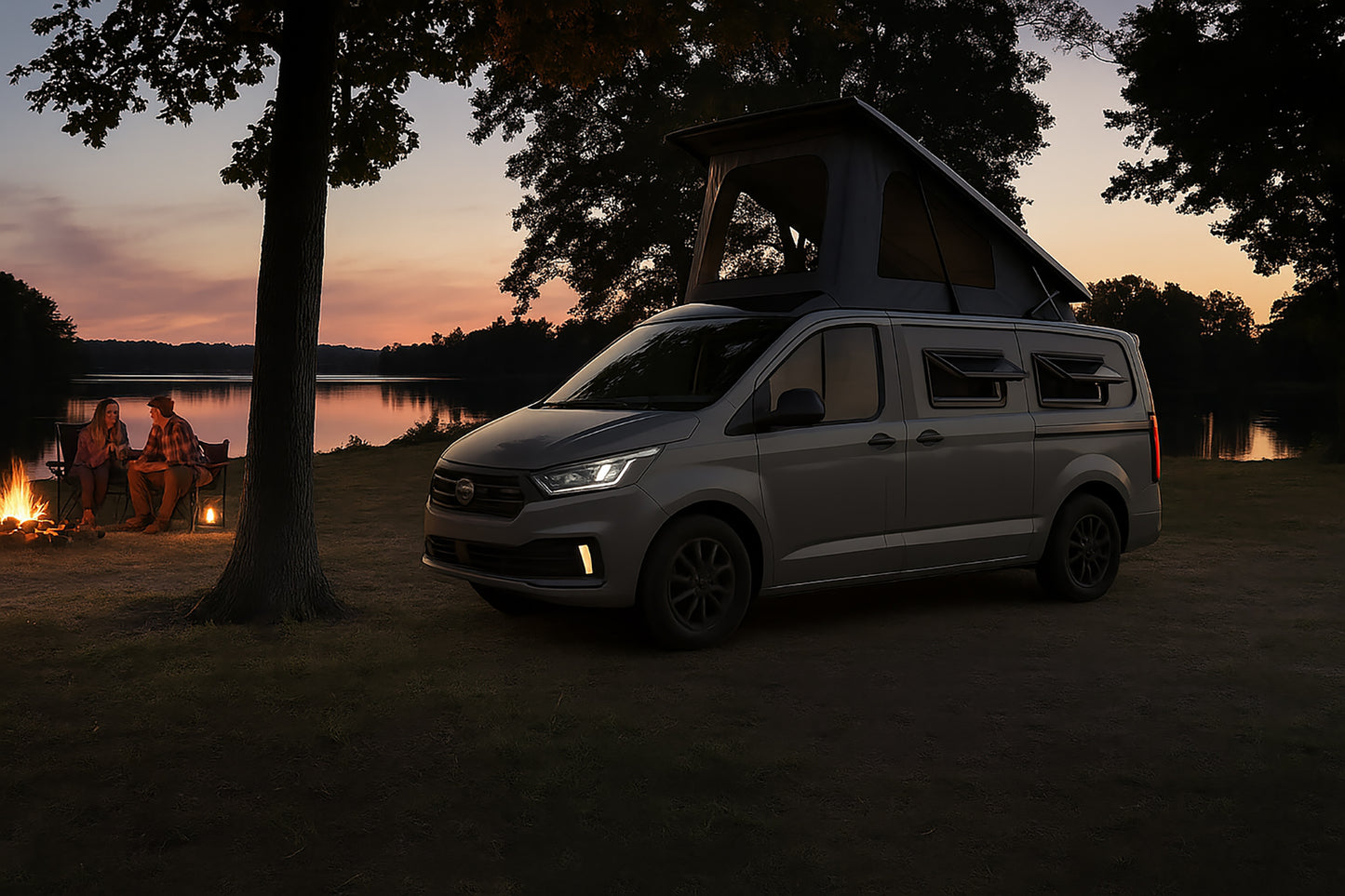 Trakkadu on the Ford Transit Custom with pop top raised at dusk (model photo)